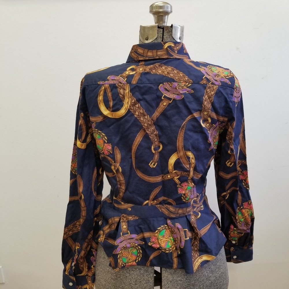 Lauren Ralph Lauren 8P Equestrian Horse Bit Peplum Blouse Navy - Picture 5 of 8